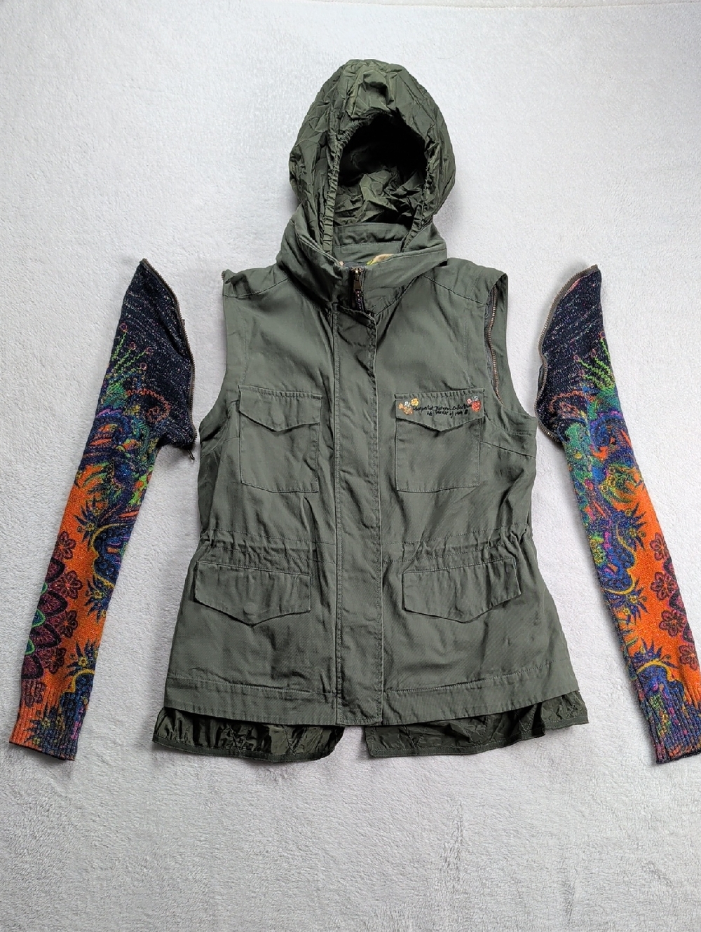Desigual 2-in-1 Utility Jacket Detachable Knit Sleeves Boho Cinch Waist S/M